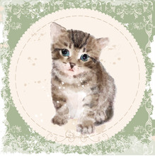 Vintage Card With Fluffy Kitten. Imitation Of Watercolor Paintin