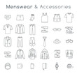 © vectorikart - Men fashion clothing and accessories flat line vector icons. Linear objects of male outfit clothes, underwear, shoes and every day essentials for any season. Modern urban casual style elements for man