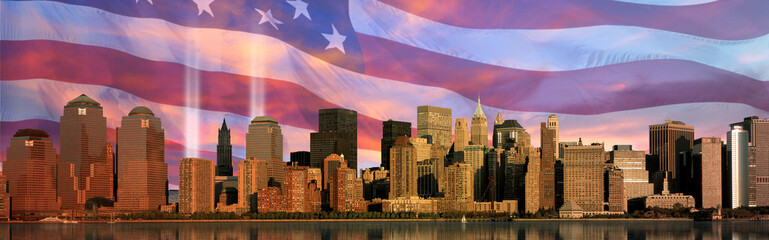 Fototapete - Digital composite: Manhattan skyline, World Trade Center Light Memorial,  American flag