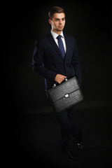 Wall Mural - Elegant man in suit with briefcase on dark background