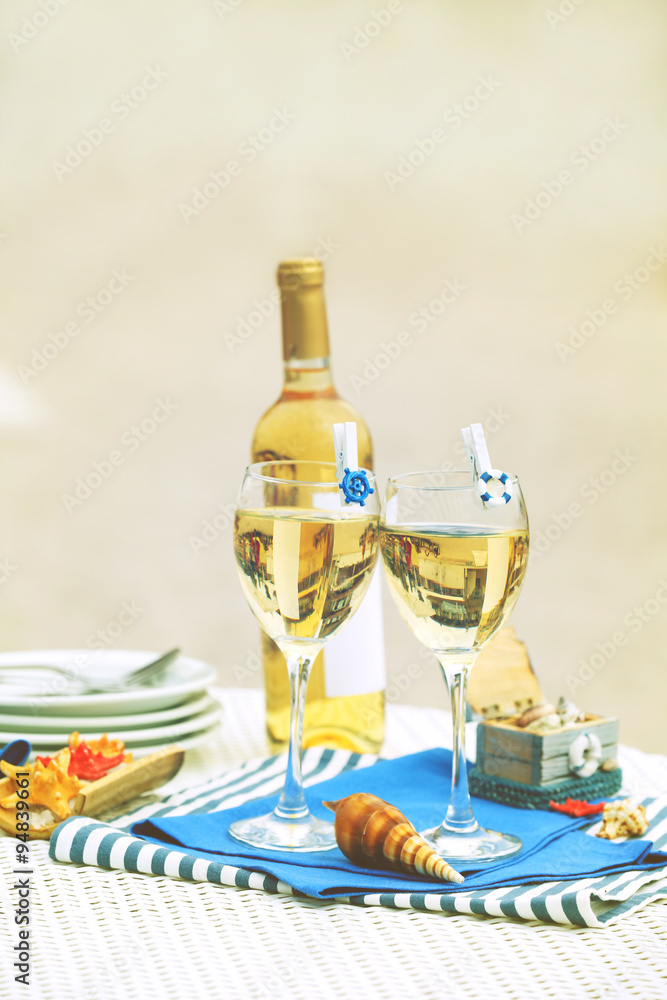 Served table on the sandy beach