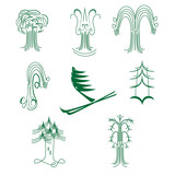 Fototapeta  - A set of abstract graphical symbols of green trees