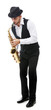 © Africa Studio - Happy saxophonist plays music on sax in elegant suit on white background