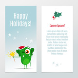 Fototapeta Dinusie - Funny Christmas and New Year vector holiday banner, vertical flyer template with cute green monster