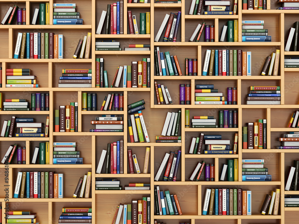 Education concept. Books and textbooks on the bookshelf. - obrazy, fototapety, plakaty 