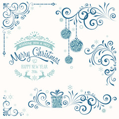 Wall Mural - ornate merry christmas set blue