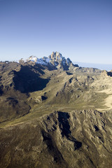 Aerial of Mount Kenya, Africa and snow in January, the second highest mountain at 17,058 feet or 5199 Meters