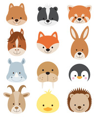 Wall Mural - Vector illustration of animal faces including squirrel, hamster, skunk, red panda, horse, fox, kangaroo, rhino, walrus, penguin, goat, duck, and hedgehog.