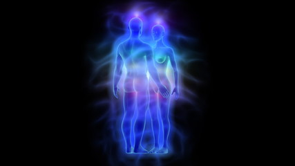 Wall Mural - Animation of aura, chakras and healing energy - woman and man rotating loop able