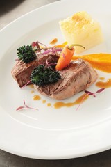 Canvas Print - beef lamb steak plated meal