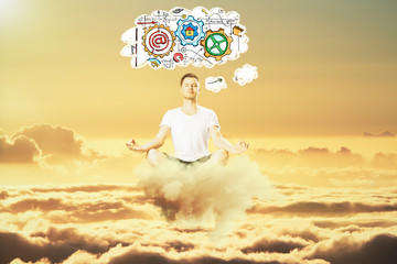 man meditate in the sky and think about business scheme concept