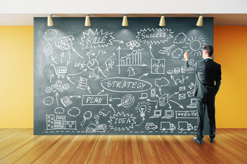 Wall Mural - Businessman makes concept strategy plan on blackboard in the roo