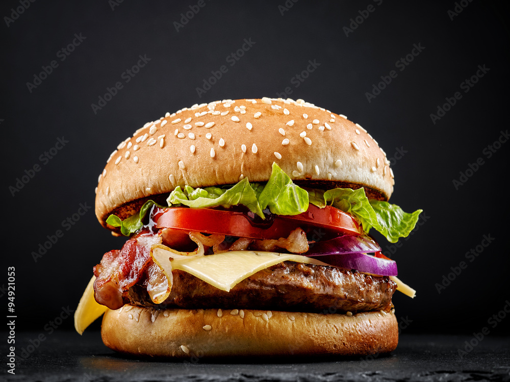 fresh tasty burger - obrazy, fototapety, plakaty 