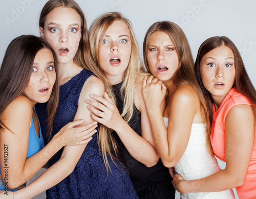 Many Girlfriends Hugging Celebration On White Background - 