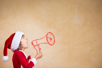 Sticker - Funny Santa kid with drawn megaphone