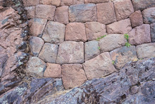 Inca Stone Wall On Bedrock In Pisac, Peru