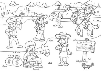  Illustration of cowboy Wild West child cartoon for Coloring.
