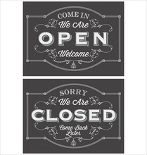 Open Closed Set Of Vintage Symbol Lettering Come In We Are Open, Sorry We Are Closed, Stylized Drawing With Chalk On Blackboard