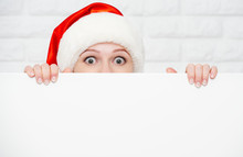 Happy Woman At Christmas With Blank Empty White Poster
