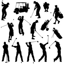 Various Male Golf Poses In Silhouettes