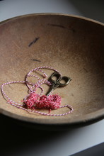 Antique Scissors And String In Wooden Bowl