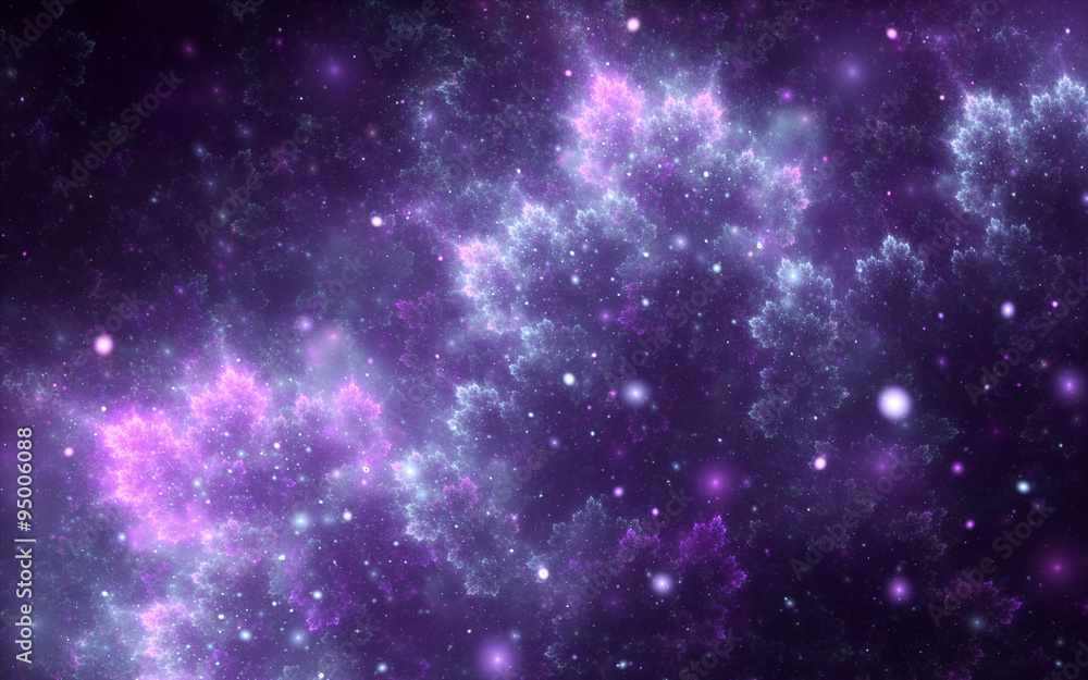 Abstract fractal, decorative sparkling violet cosmic clouds with soft blur on dark background - obrazy, fototapety, plakaty 