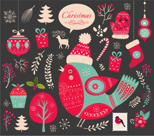 Christmas Collection Of Decorative Traditional Elements And Symbols Of Christmas. 
