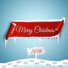 Wall Mural - christmas background with red curved paper banner, snow, ice and 2016 road sign. ribbon