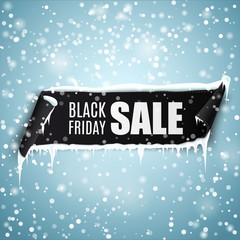 Wall Mural - Black Friday sale vector banner. Winter sale. Black curved paper banner with snow and icicles. Ribbon
