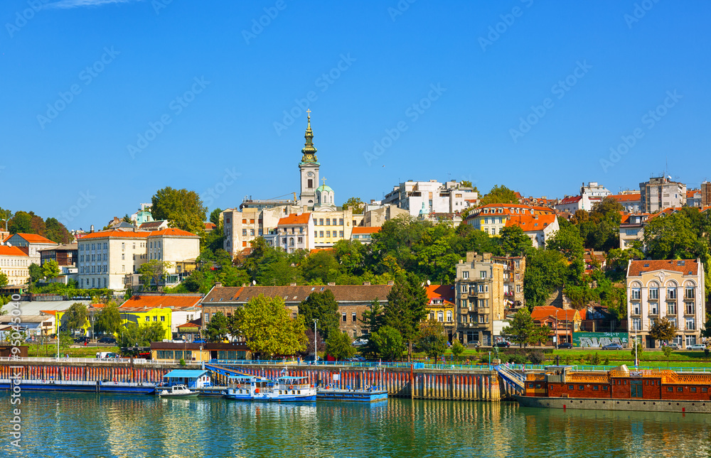 Obraz na płótnie Belgrade from river Sava with tourist riverboats on a sunny day, Serbia w salonie