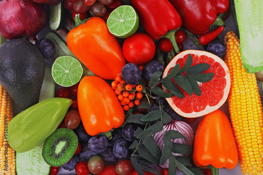 Close-up composition of various raw organic vegetables and fruit