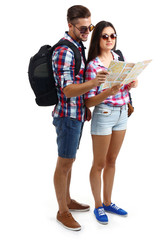 A pair of happy tourists sightseeing in summer, isolated on white