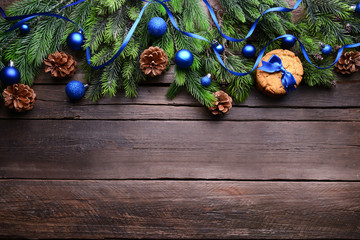 Wall Mural - Christmas decoration frame on wooden background