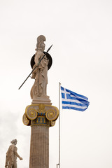 Statue of Athena and the Greek flag