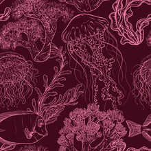 Seamless Pattern With Jellyfish,tropical Fish, Marine Plants And Corals. Vintage Hand Drawn Vector Illustration Marine Life. Design For Summer Beach, Decorations,print,pattern Fill, Web Surface