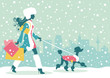 Beautiful woman Christmas shopping with dog in the snowy city