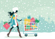 Beautiful woman Christmas shopping - Pushing shopping cart with Christmas gifts in city with snow falling