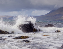 Waves Crashing On Rocks On Beach In Rough Weather, Elgol, Isle Of Skye, Scotland, UK