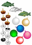 Fototapeta Dziecięca - Collection of Christmas images. Christmas carp, ornaments on tree, candles.