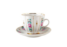 Porcelain Teacup And Saucer With Floral Roses Ornament In Retro 