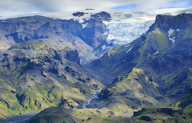 Volcanic, green mountain landscape on the south of Iceland.