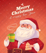 Funny Santa. Christmas Greeting Card Background Poster. Vector Illustration