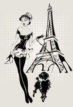 Illustration Fashion Woman Near Eiffel Tower With Little Dog