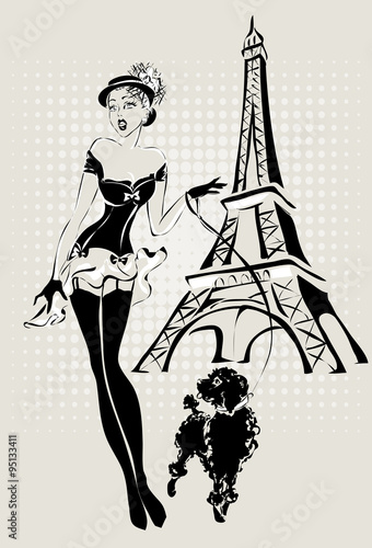 Obraz w ramie illustration Fashion woman near Eiffel Tower with little dog