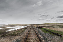 Railroad Perspective View In Canadian Prairies, Saskatchewan, Canada