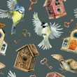 Retro birds, birdhouses and keys seamless pattern
