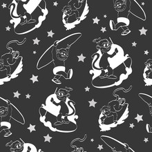 Vector Black White Monkeys Surfing Seamless Pattern. Stand Up SUP Board