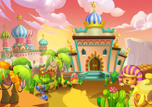 Illustration: The Desert City. The Palaces, Royal Residences. Realistic Cartoon Style Scene / Wallpaper / Background Design.
