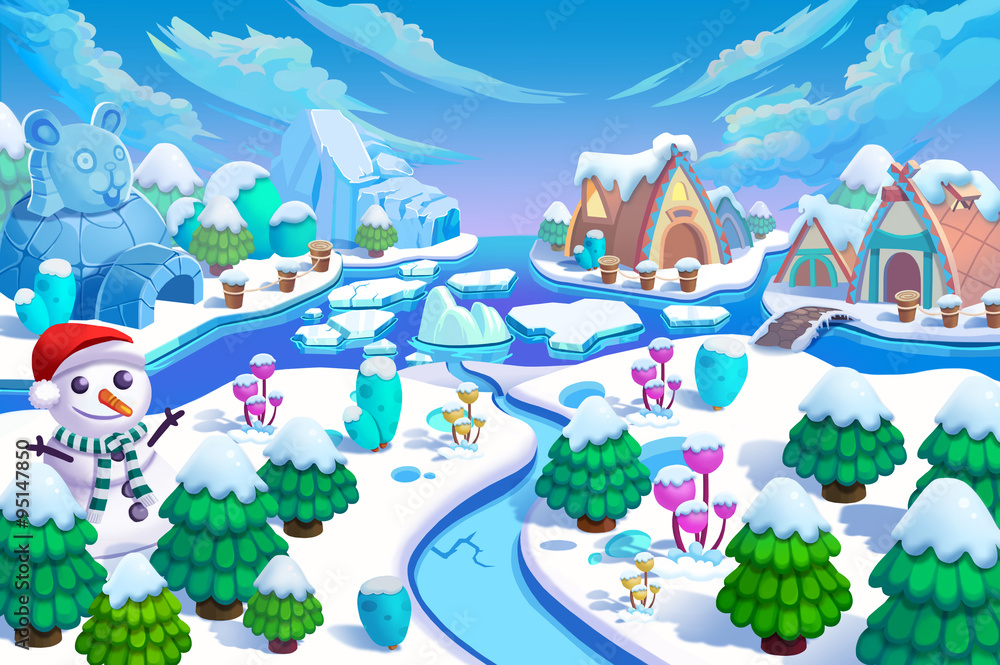 Illustration: The Entrance of the Snow World! Snow Man, Green Trees and Small Flowers, Ice Mountain, River, Snow Houses and Ice Igloo. Realistic Cartoon Style Scenery / Wallpaper / Background Design. - obrazy, fototapety, plakaty 