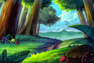 Wall Mural - Illustration: Cartoon Forest. Realistic Cartoon Style Scene / Wallpaper / Background Design.
